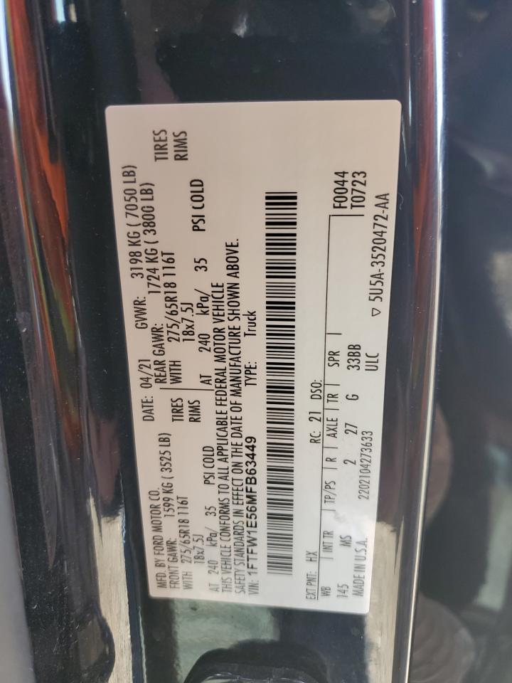 2021 Ford F150 Supercrew VIN: 1FTFW1E56MFB63449 Lot: 67171245
