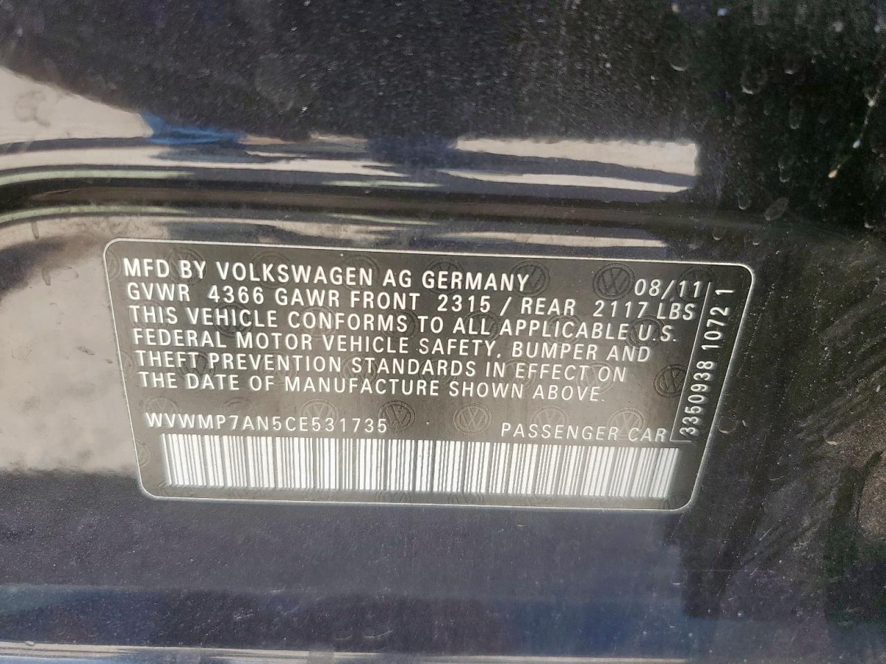 2012 Volkswagen Cc Sport VIN: WVWMP7AN5CE531735 Lot: 68971255