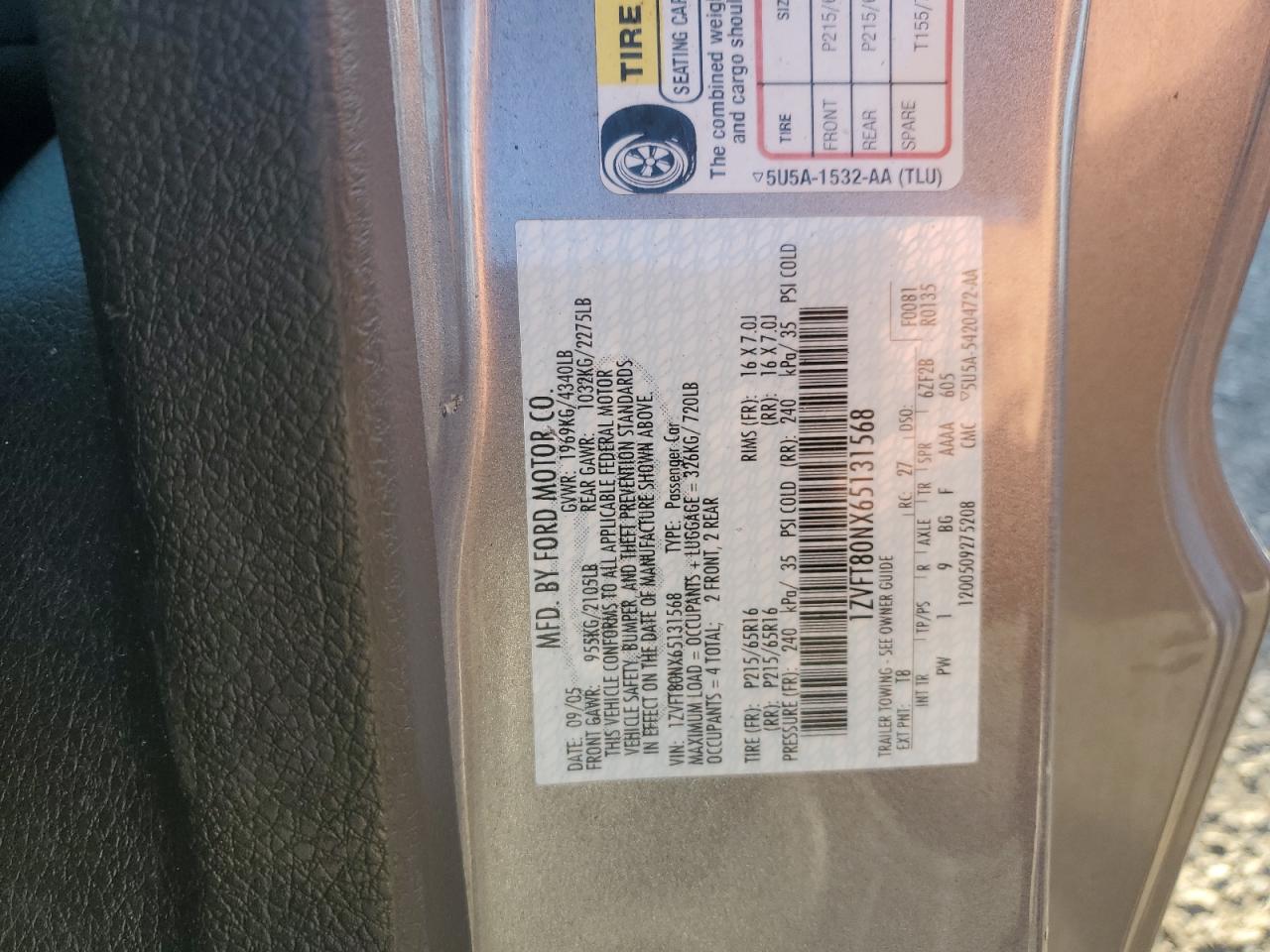 2006 Ford Mustang VIN: 1ZVFT80NX65131568 Lot: 70230575