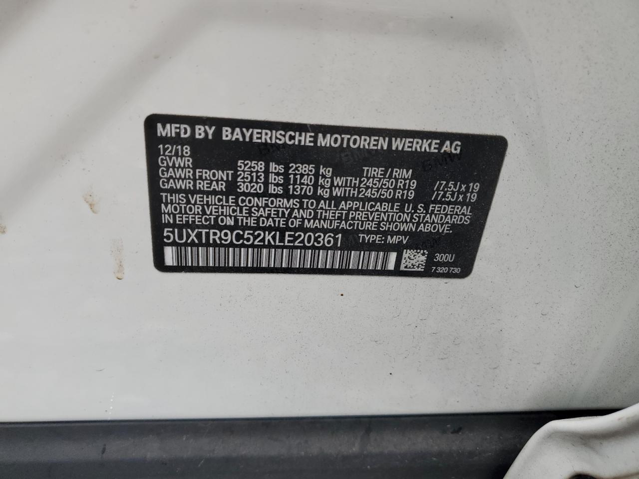 2019 BMW X3 xDrive30I VIN: 5UXTR9C52KLE20361 Lot: 69586175