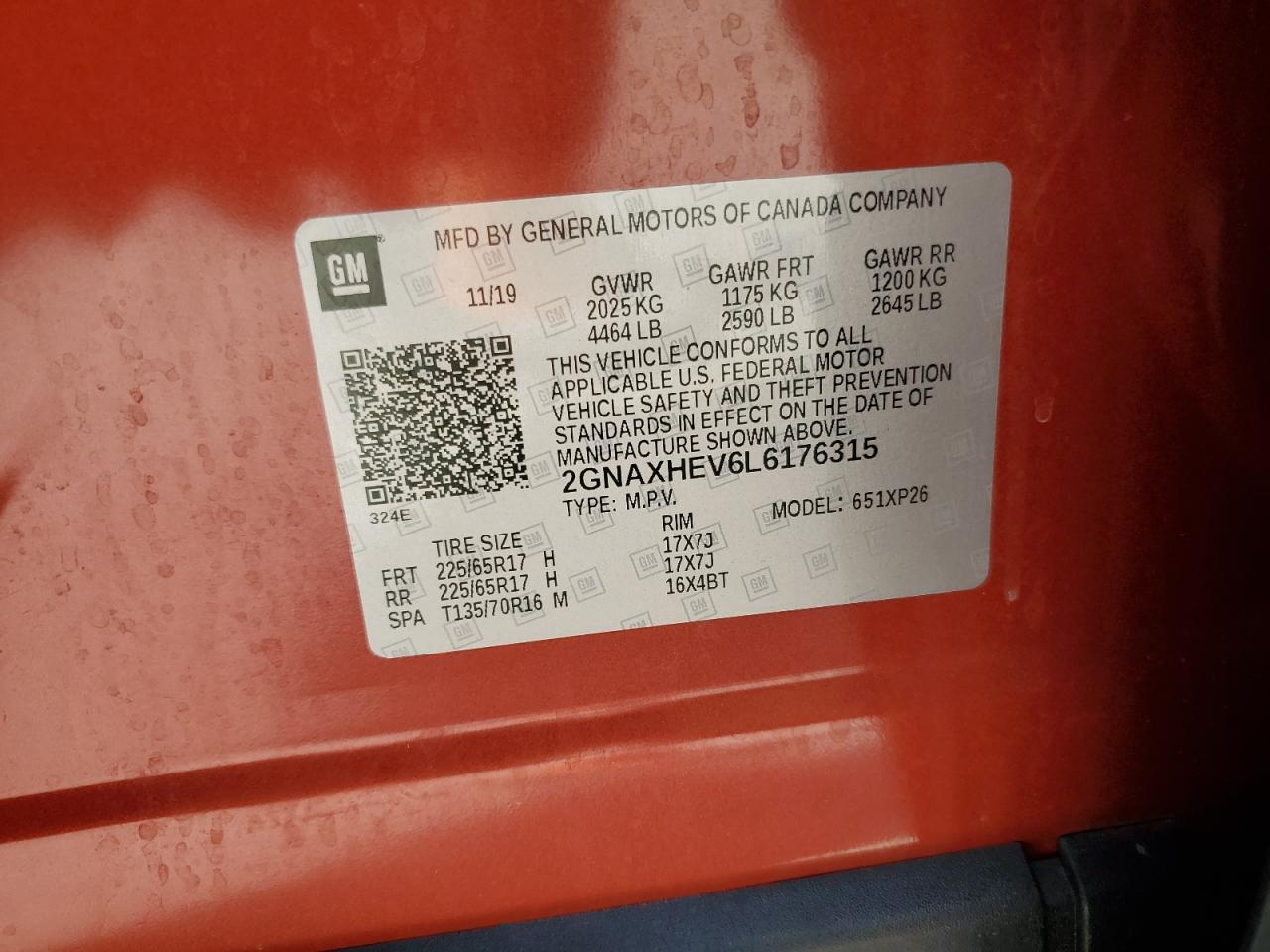 2020 Chevrolet Equinox Ls VIN: 2GNAXHEV6L6176315 Lot: 69887755