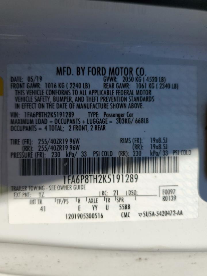 2019 Ford Mustang VIN: 1FA6P8TH2K5191289 Lot: 68567225