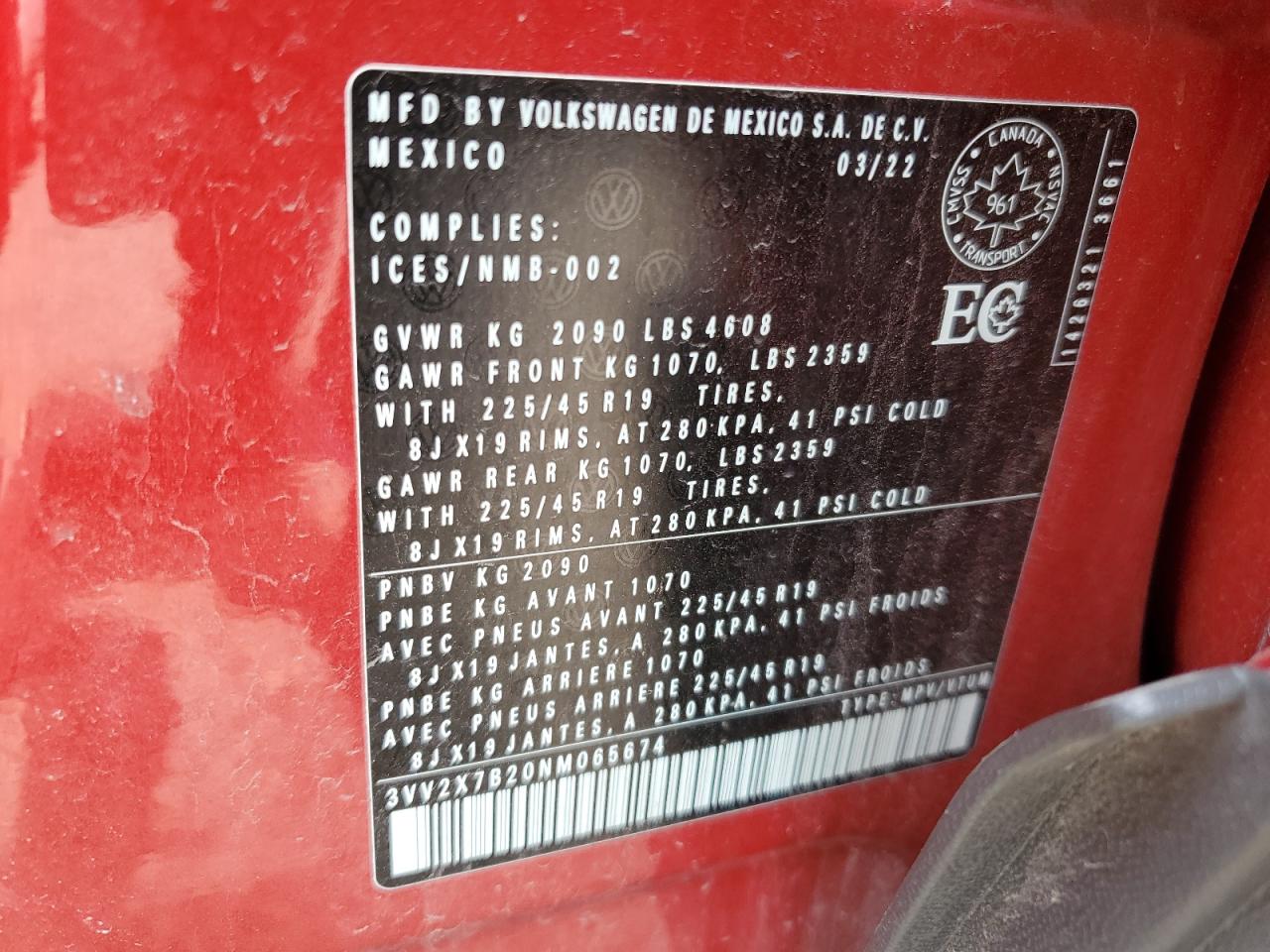 2022 Volkswagen Taos Sel VIN: 3VV2X7B20NM065674 Lot: 68073915