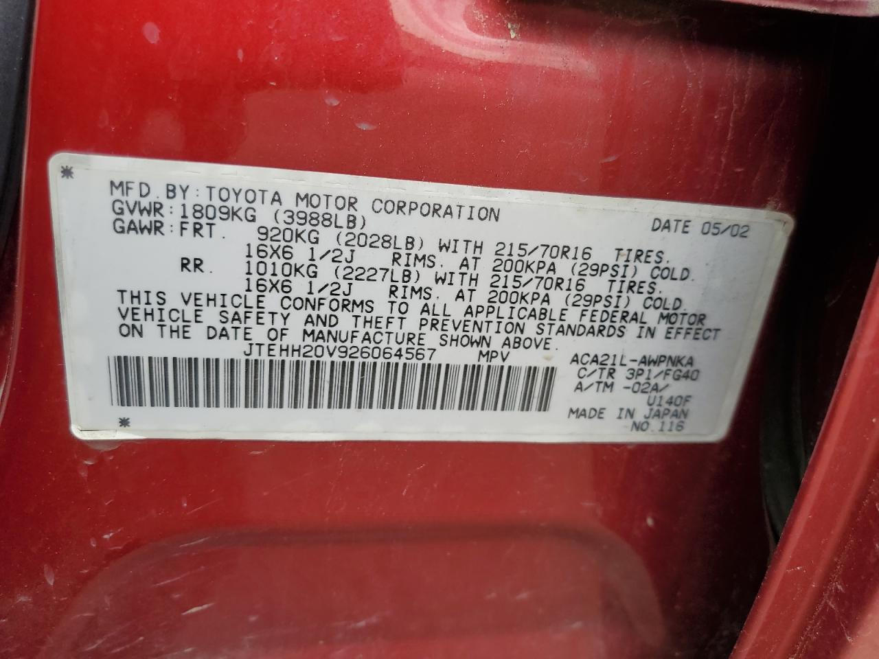 2002 Toyota Rav4 VIN: JTEHH20V926064567 Lot: 67256265