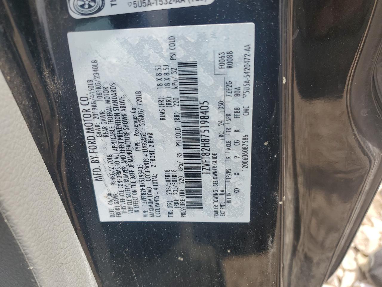 2007 Ford Mustang Gt VIN: 1ZVFT82H875198405 Lot: 68025015