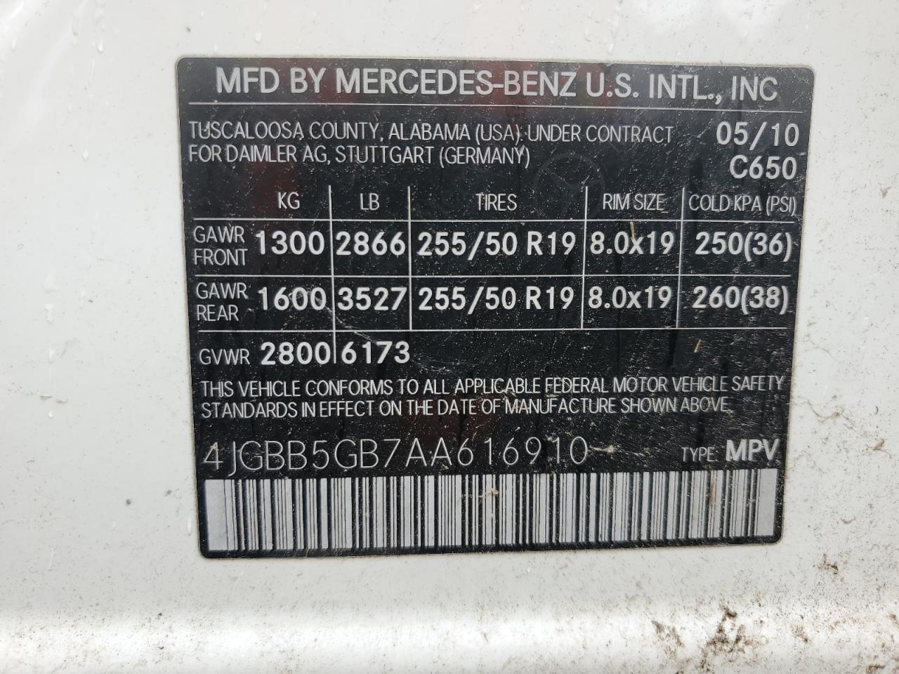 4JGBB5GB7AA616910 2010 Mercedes-Benz Ml 350