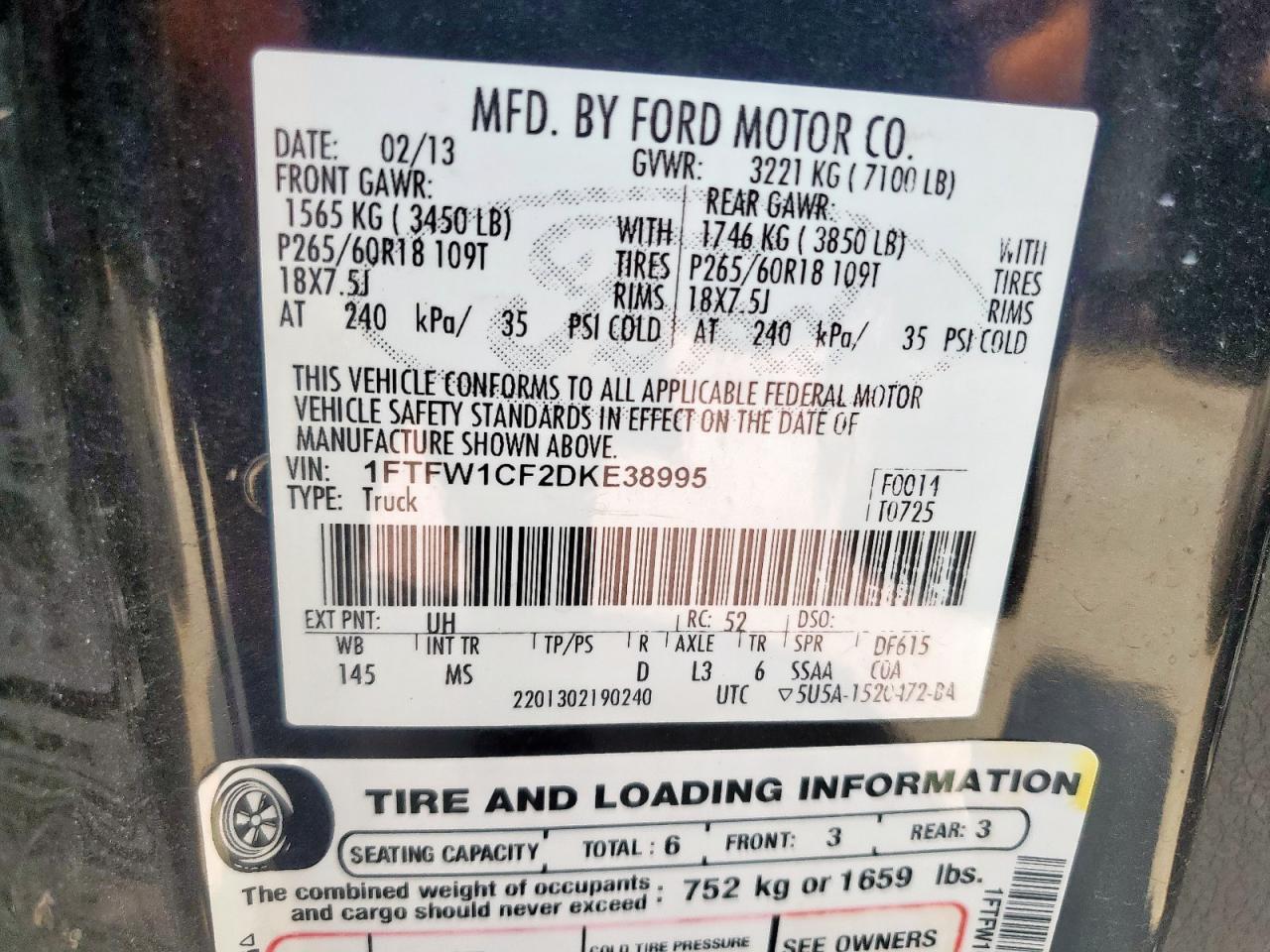 2013 Ford F150 Supercrew VIN: 1FTFW1CF2DKE38995 Lot: 67633105