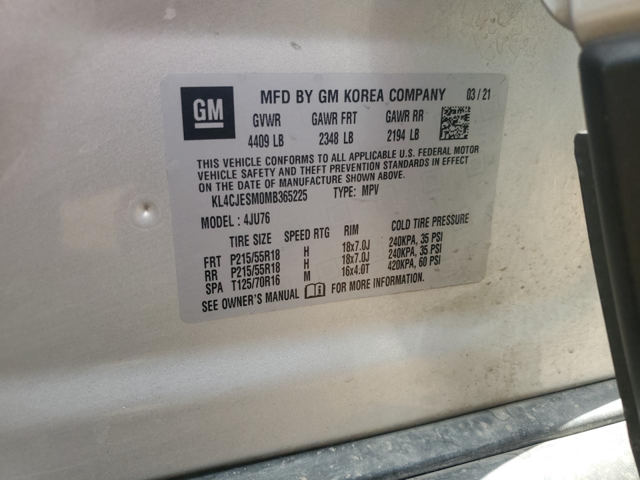 2021 Buick Encore Preferred VIN: KL4CJESM0MB365225 Lot: 68043335