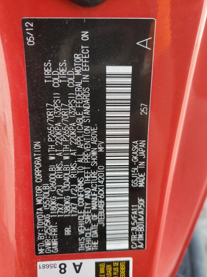 2012 Toyota Fj Cruiser VIN: JTEBU4BF6CK142010 Lot: 70271435