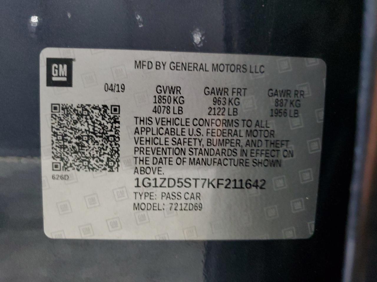 2019 Chevrolet Malibu Lt VIN: 1G1ZD5ST7KF211642 Lot: 68083105