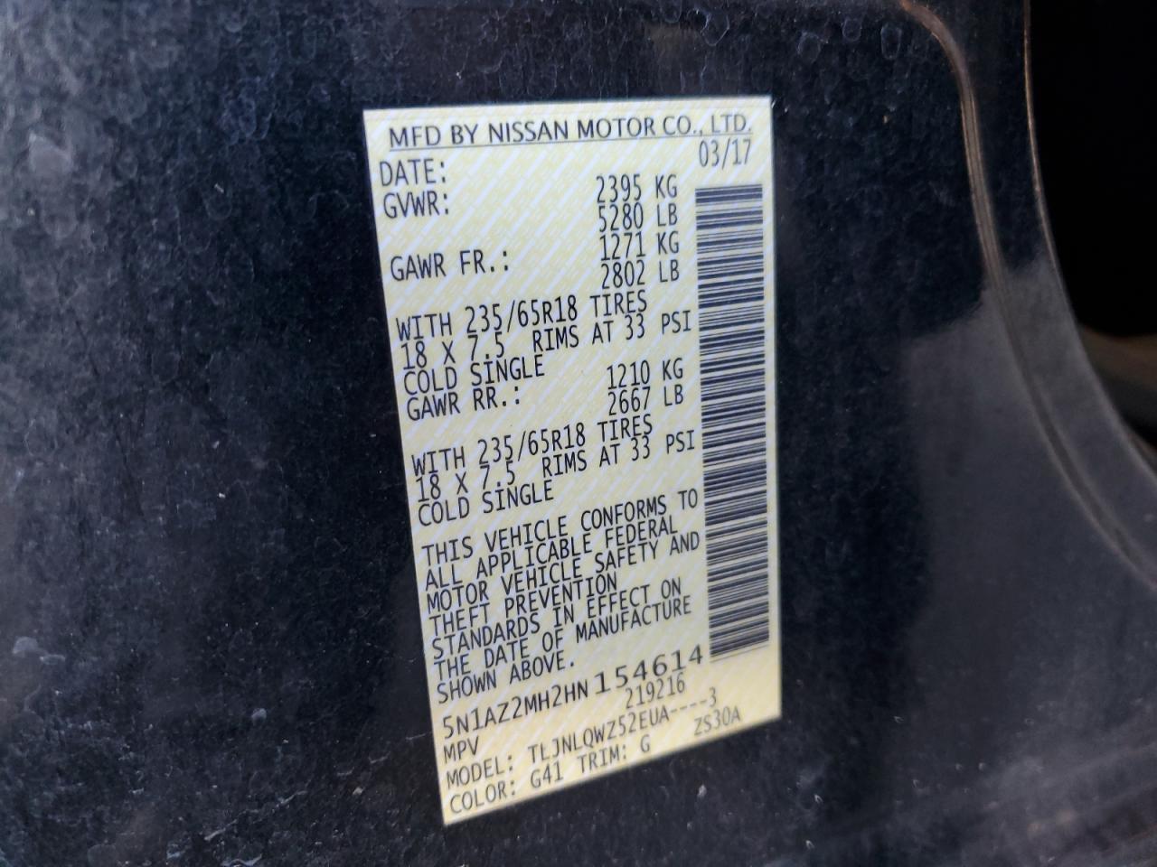 2017 Nissan Murano S VIN: 5N1AZ2MH2HN154614 Lot: 69810345