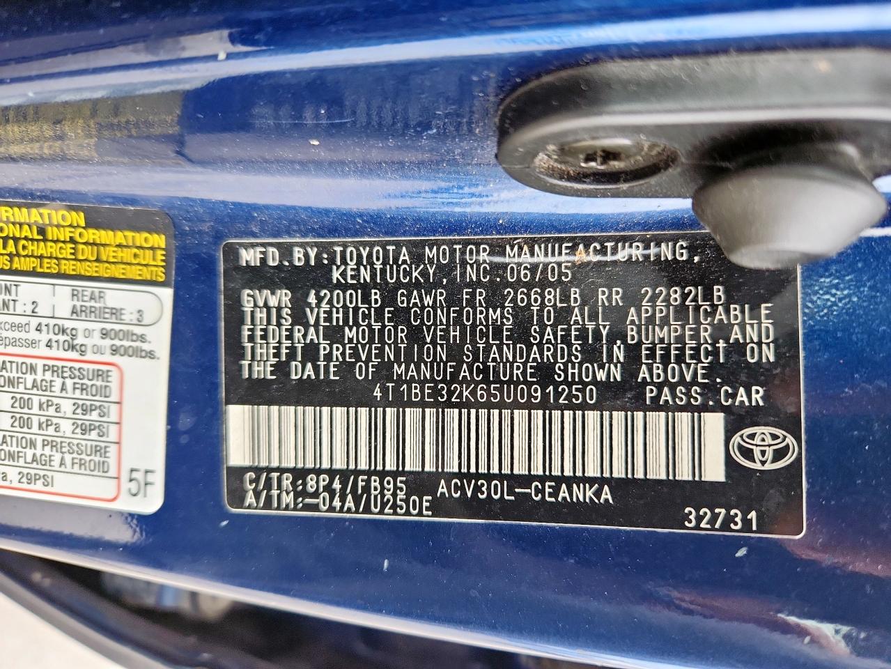 2005 Toyota Camry Le VIN: 4T1BE32K65U091250 Lot: 66935605