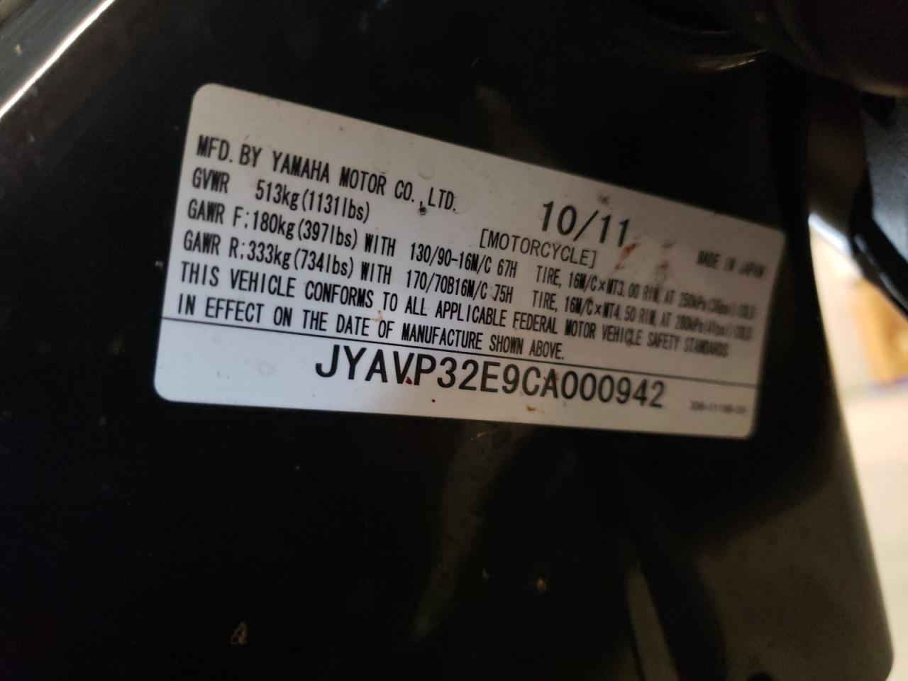 2012 Yamaha Xvs1300 Ct VIN: JYAVP32E9CA000942 Lot: 68469515