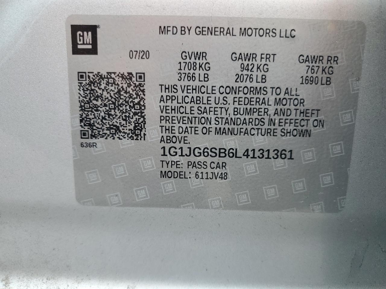 2020 Chevrolet Sonic VIN: 1G1JG6SB6L4131361 Lot: 70082085