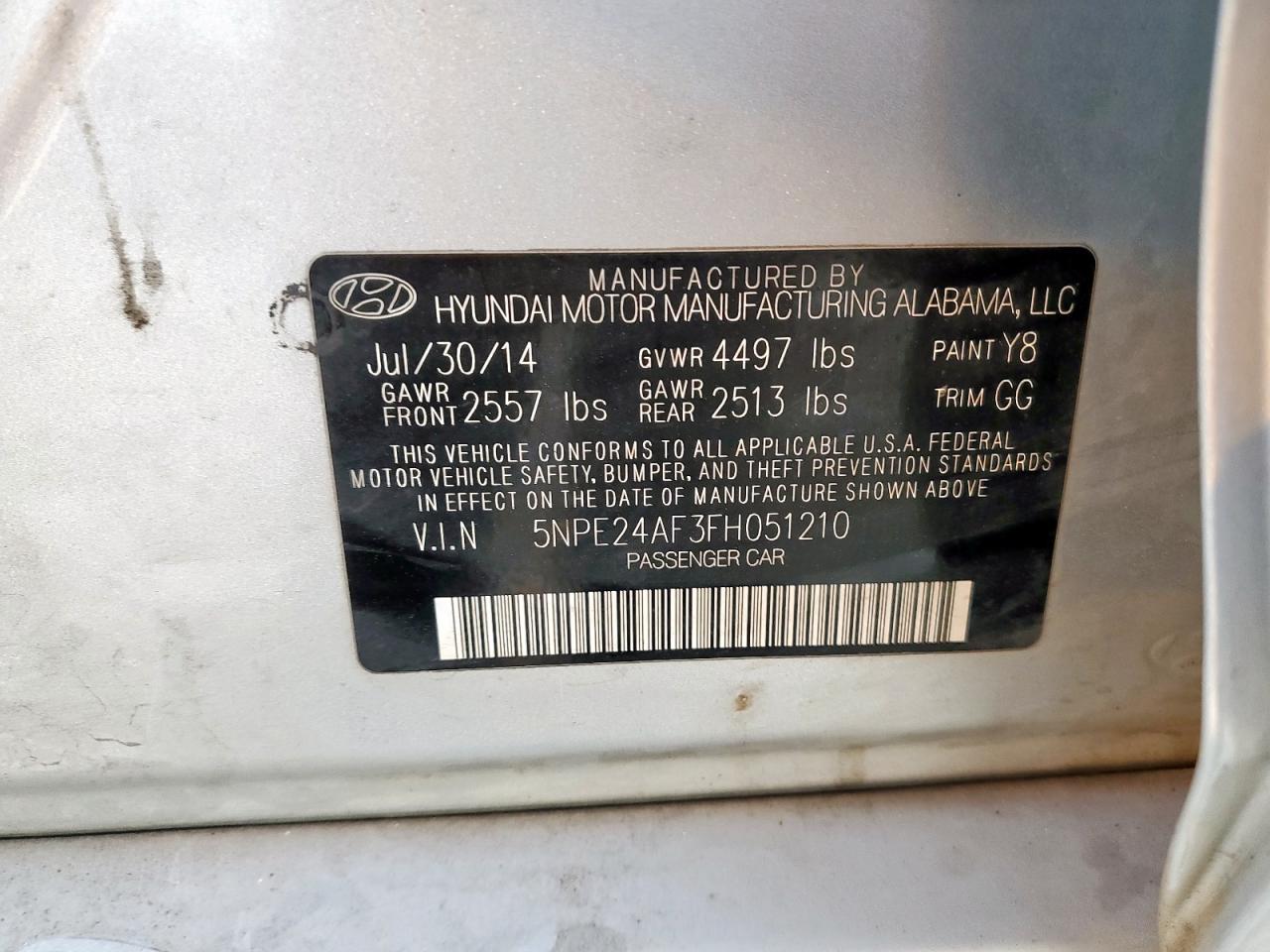 2015 Hyundai Sonata Se VIN: 5NPE24AF3FH051210 Lot: 68025865