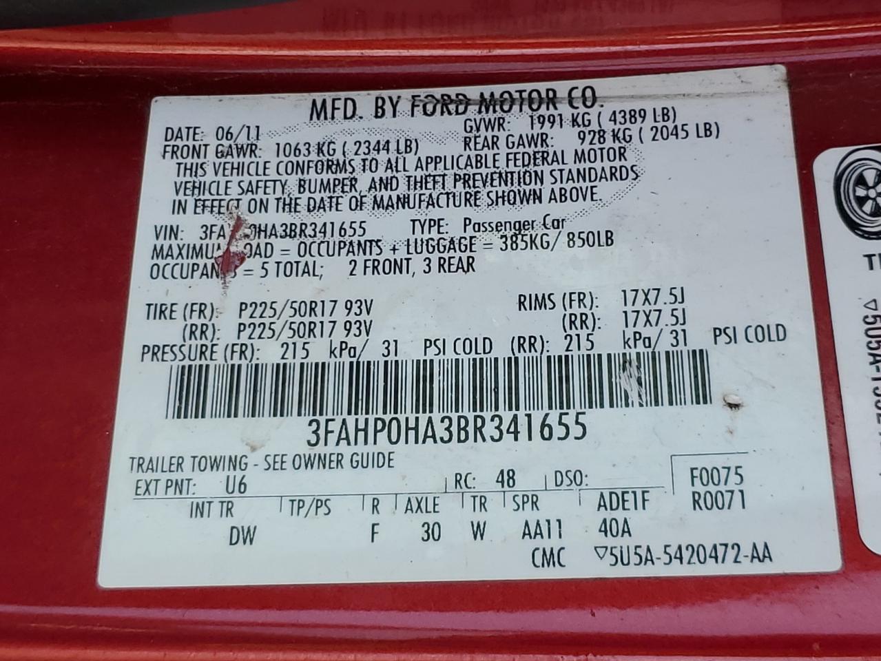 2011 Ford Fusion Se VIN: 3FAHP0HA3BR341655 Lot: 68729615