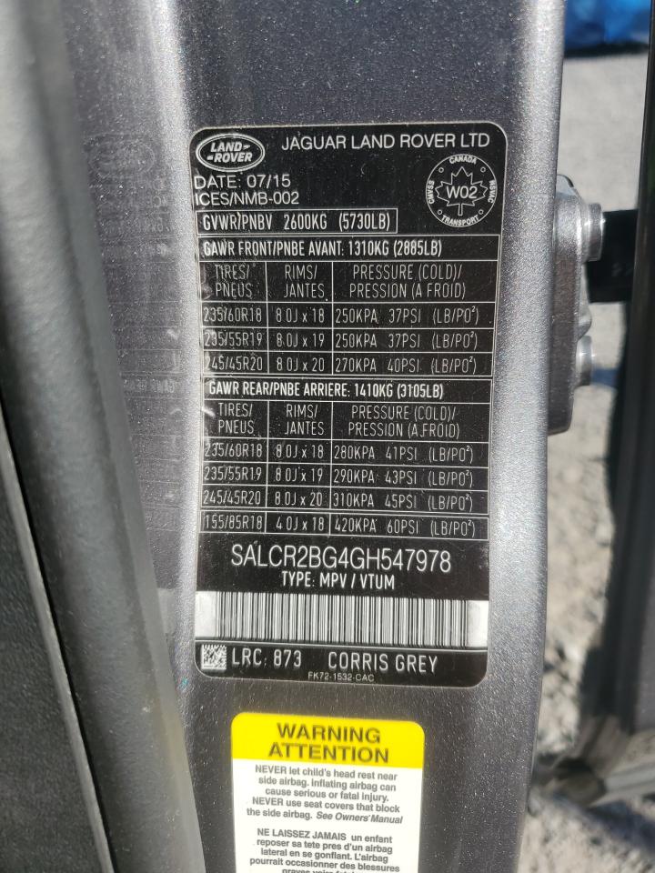 2016 Land Rover Discovery Sport Hse VIN: SALCR2BG4GH547978 Lot: 69728025