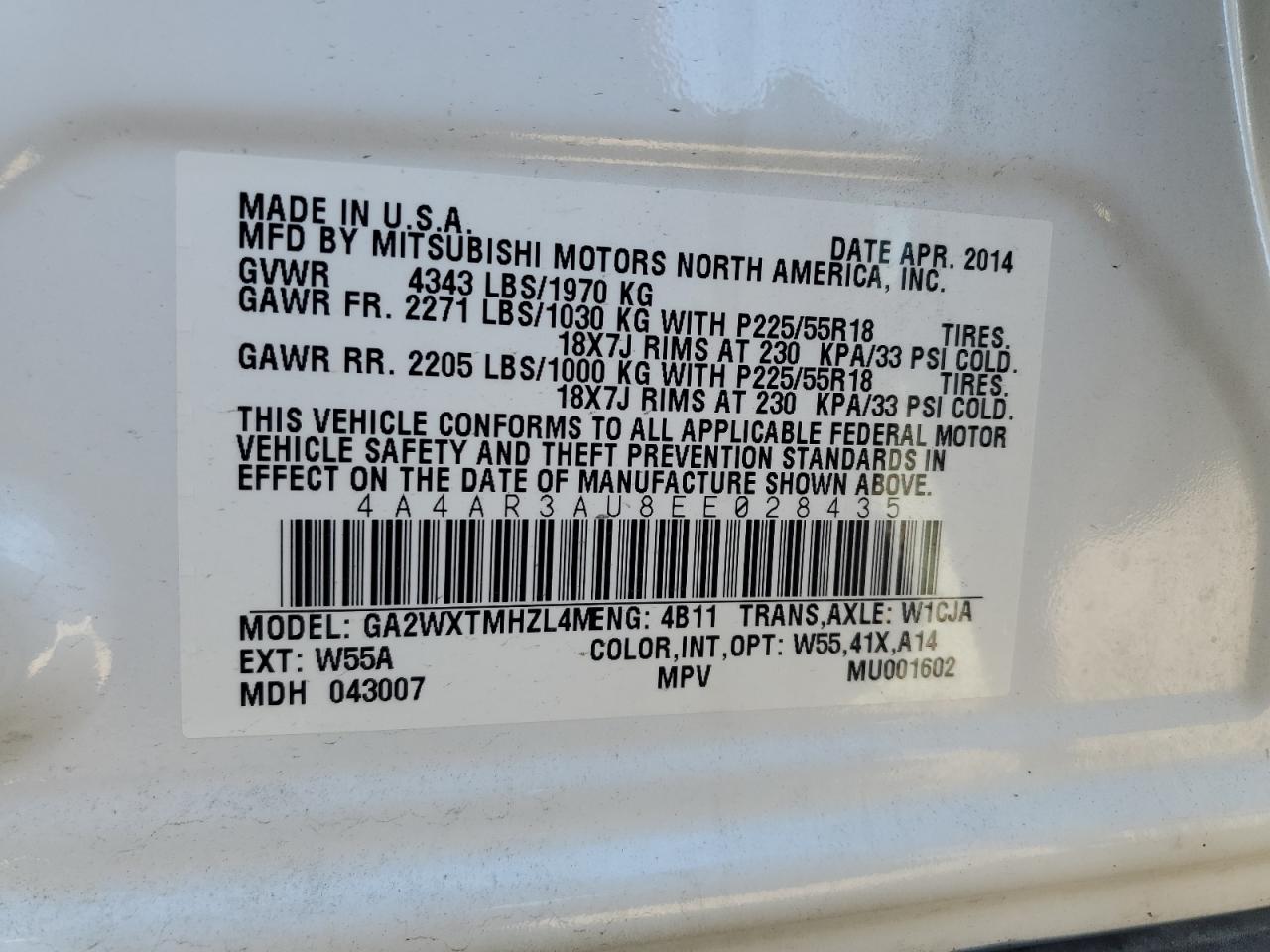 2014 Mitsubishi Outlander Sport Es VIN: 4A4AR3AU8EE028435 Lot: 69958155