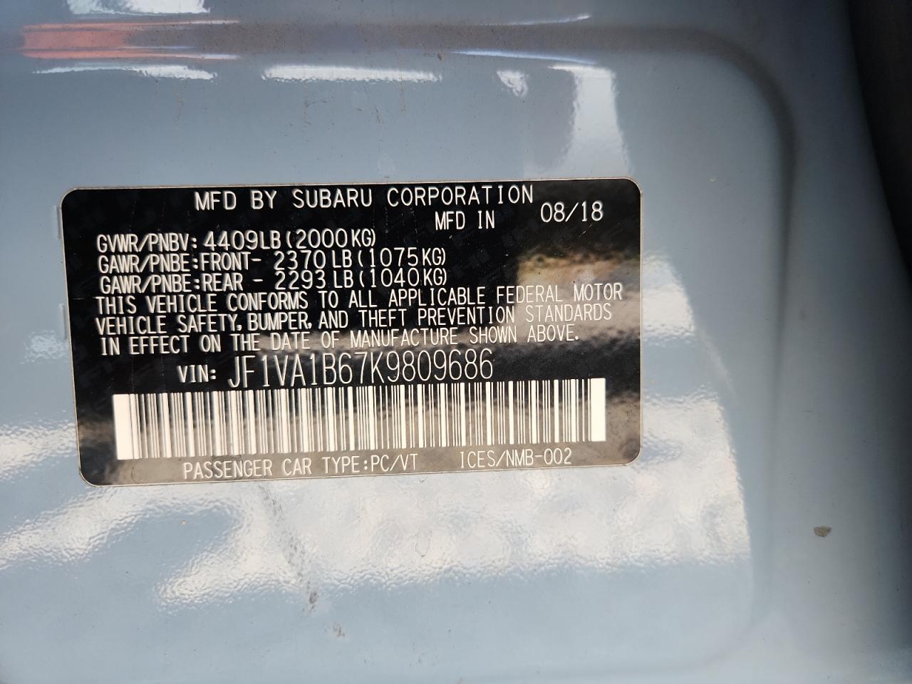 2019 Subaru Wrx Premium VIN: JF1VA1B67K9809686 Lot: 71112455
