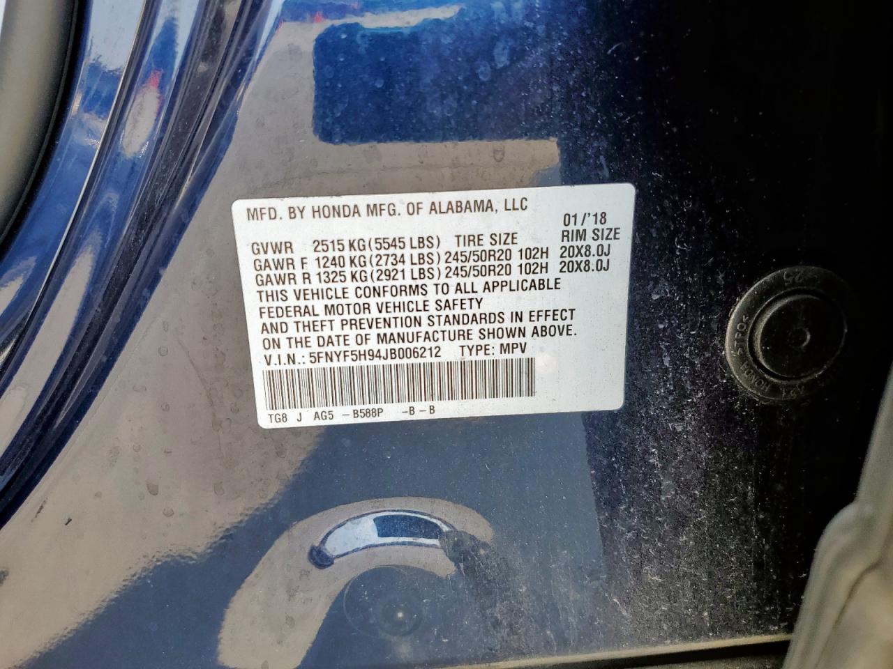 2018 Honda Pilot Touring VIN: 5FNYF5H94JB006212 Lot: 70333075