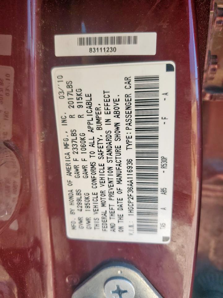 2010 Honda Accord Lx VIN: 1HGCP2F36AA116936 Lot: 68013325