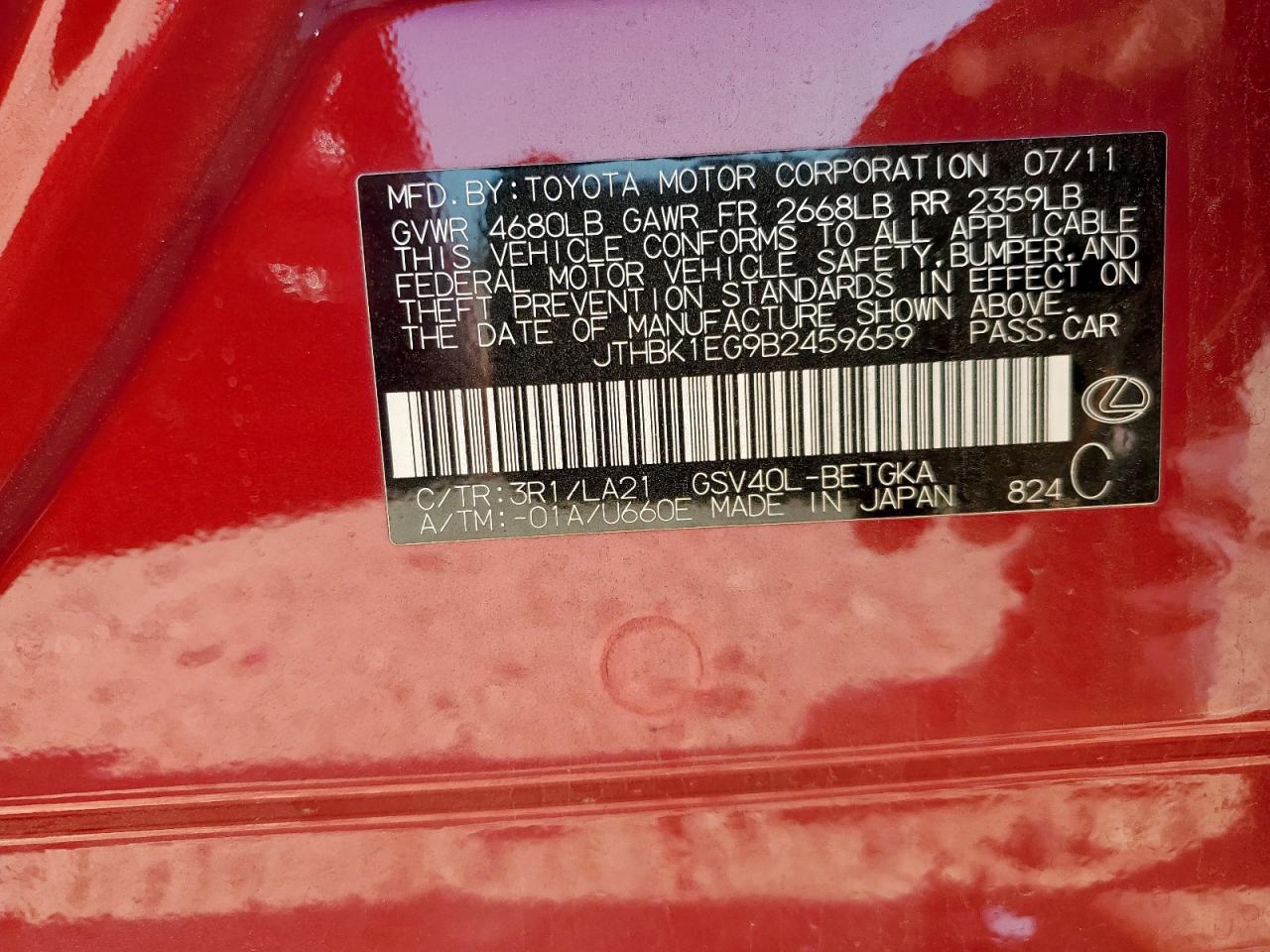 2011 Lexus Es 350 VIN: JTHBK1EG9B2459659 Lot: 69143125