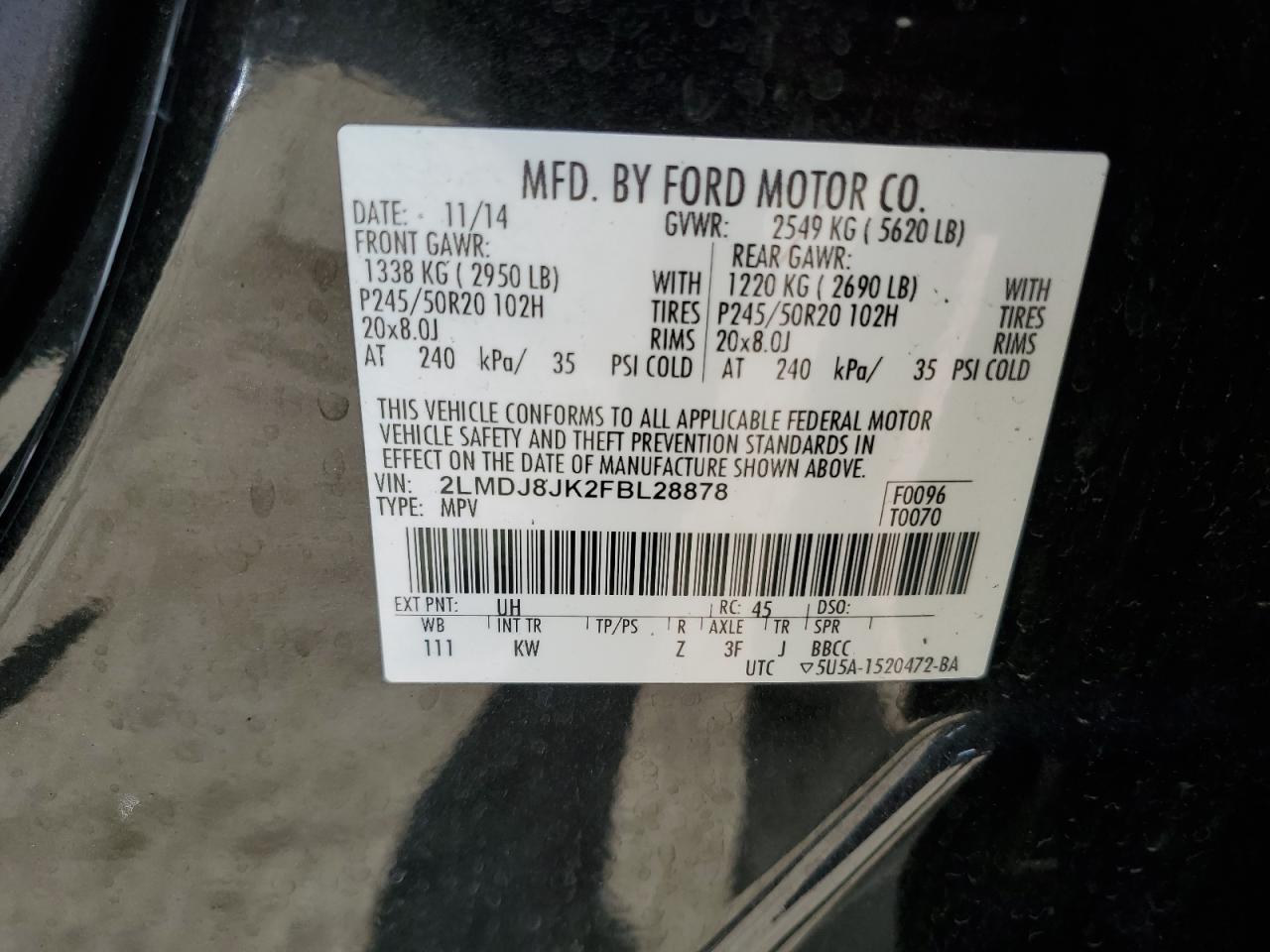 2015 Lincoln Mkx VIN: 2LMDJ8JK2FBL28878 Lot: 70525725