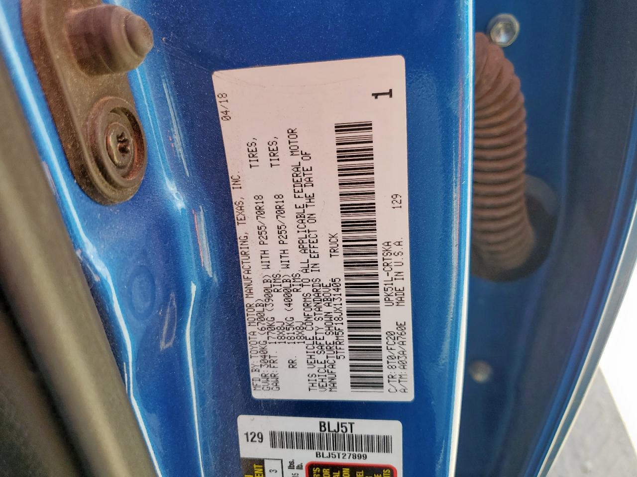 2018 Toyota Tundra Double Cab Sr VIN: 5TFRM5F18JX131405 Lot: 70844995