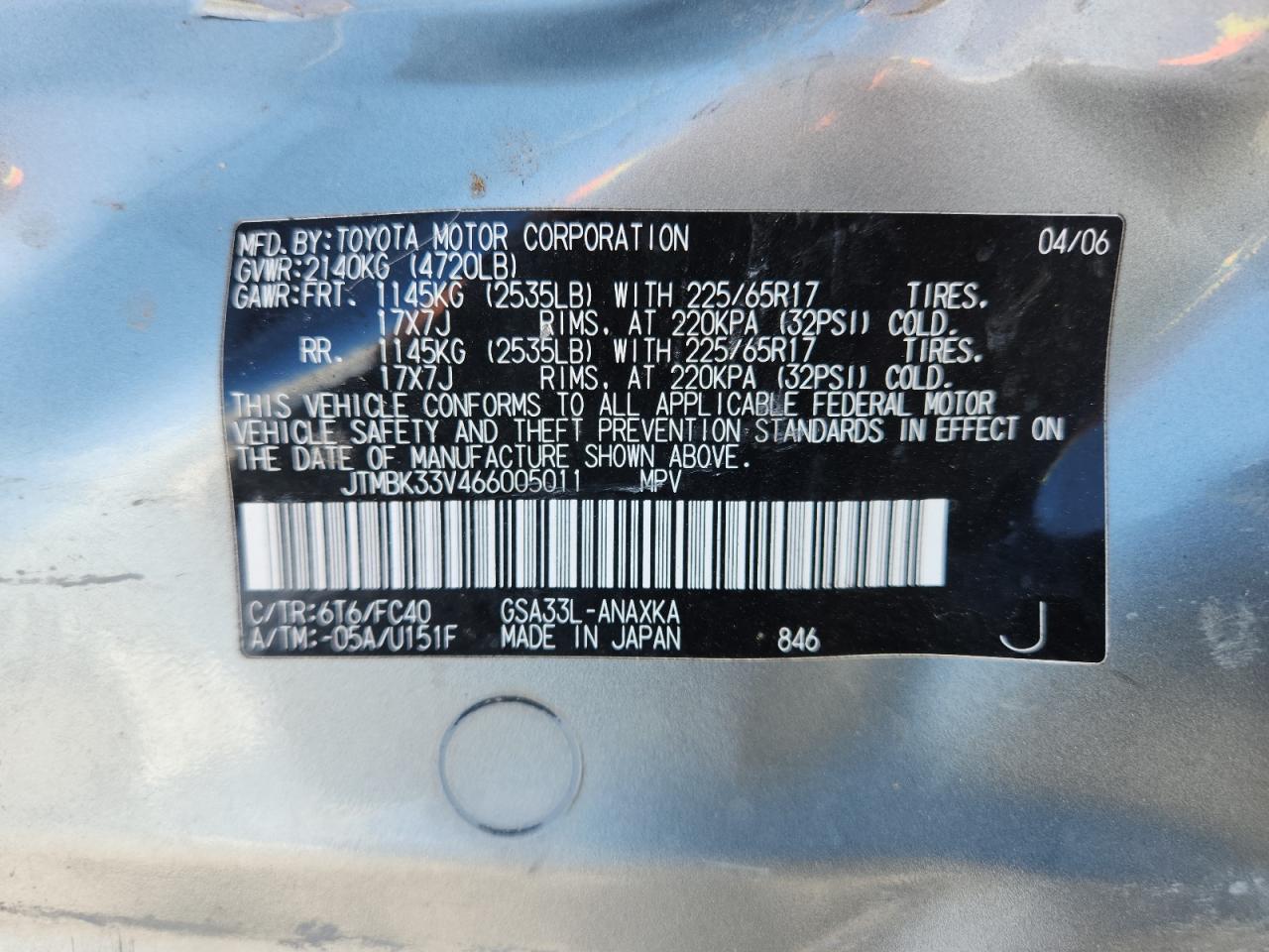 2006 Toyota Rav4 VIN: JTMBK33V466005011 Lot: 69478185