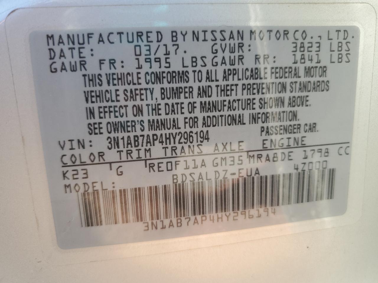 2017 Nissan Sentra S VIN: 3N1AB7AP4HY296194 Lot: 67512555