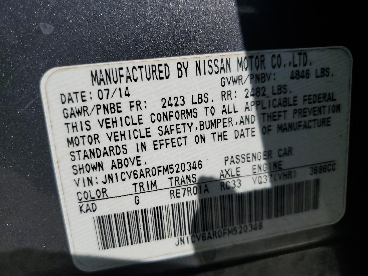 2015 Infiniti Q40 VIN: JN1CV6AR0FM520346 Lot: 70538825