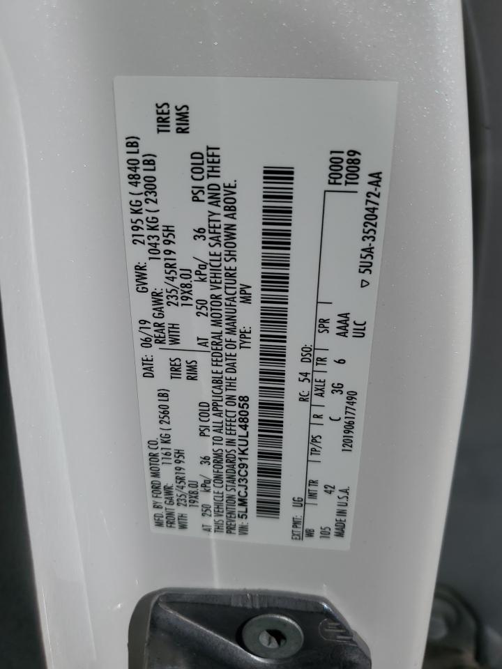 2019 Lincoln Mkc Reserve VIN: 5LMCJ3C91KUL48058 Lot: 68582045