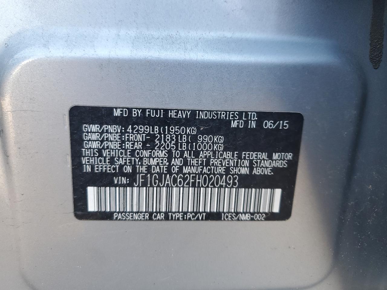 2015 Subaru Impreza Premium VIN: JF1GJAC62FH020493 Lot: 68790245