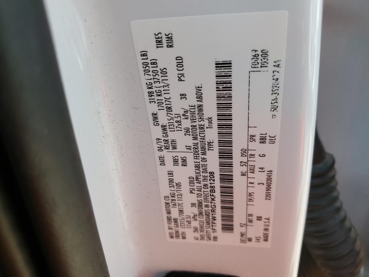 2019 Ford F150 Raptor VIN: 1FTFW1RG7KFB81208 Lot: 69478445