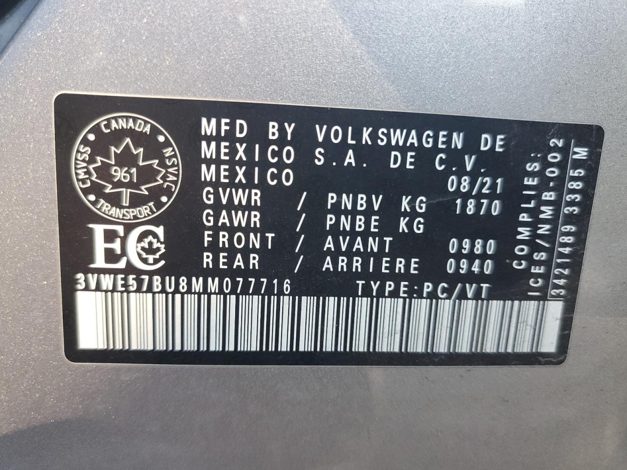 2021 Volkswagen Jetta Sel VIN: 3VWE57BU8MM077716 Lot: 70189185