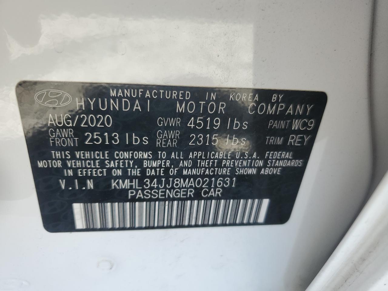 2021 Hyundai Sonata Hybrid VIN: KMHL34JJ8MA021631 Lot: 70217755