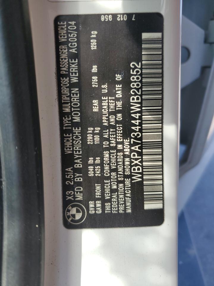 2004 BMW X3 2.5I VIN: WBXPA73444WB28852 Lot: 67784795