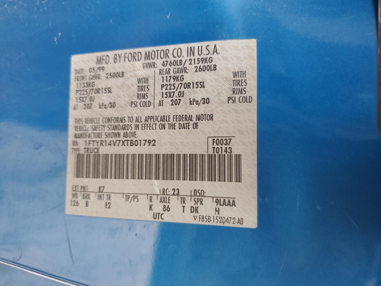 1999 Ford Ranger Super Cab VIN: 1FTYR14V7XTB01792 Lot: 70217265