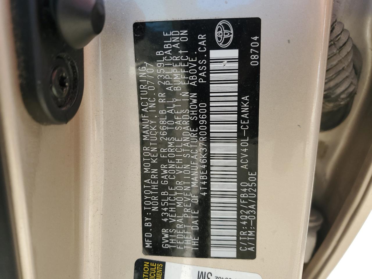 2007 Toyota Camry Ce VIN: 4T4BE46K37R009600 Lot: 70924655