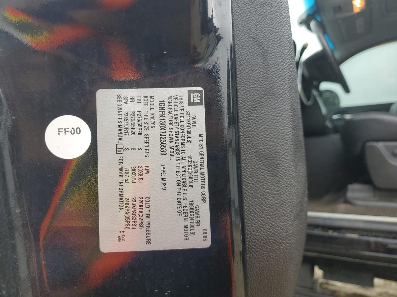 2007 Chevrolet Tahoe K1500 VIN: 1GNFK130X7J236530 Lot: 69270305