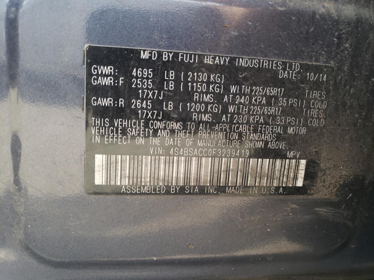 2015 Subaru Outback 2.5I Premium VIN: 4S4BSACC0F3239419 Lot: 66329945