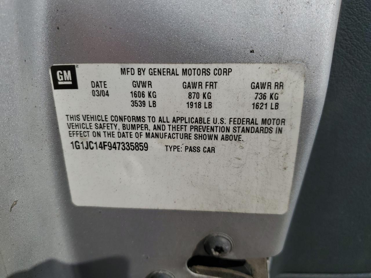 2004 Chevrolet Cavalier VIN: 1G1JC14F947335859 Lot: 67912105