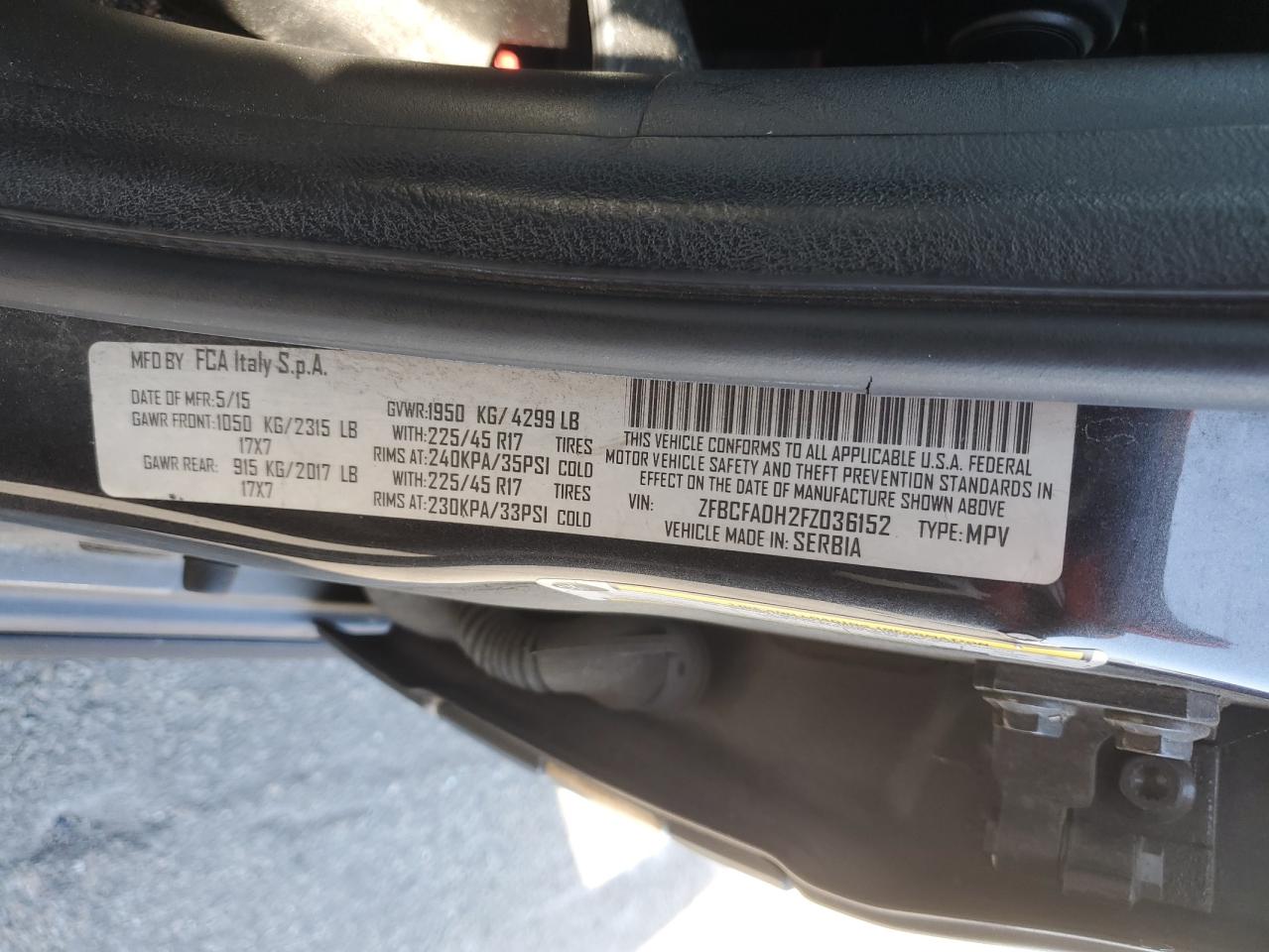 2015 Fiat 500L Trekking VIN: ZFBCFADH2FZ036152 Lot: 70311445