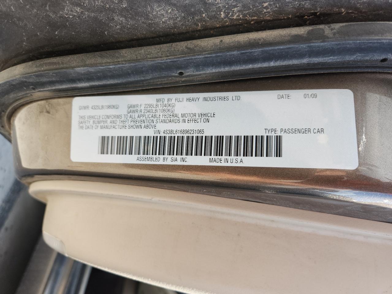 2009 Subaru Legacy 2.5I VIN: 4S3BL616896231065 Lot: 70681205