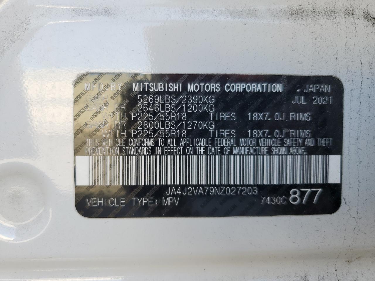 2022 Mitsubishi Outlander Sel VIN: JA4J2VA79NZ027203 Lot: 69669015