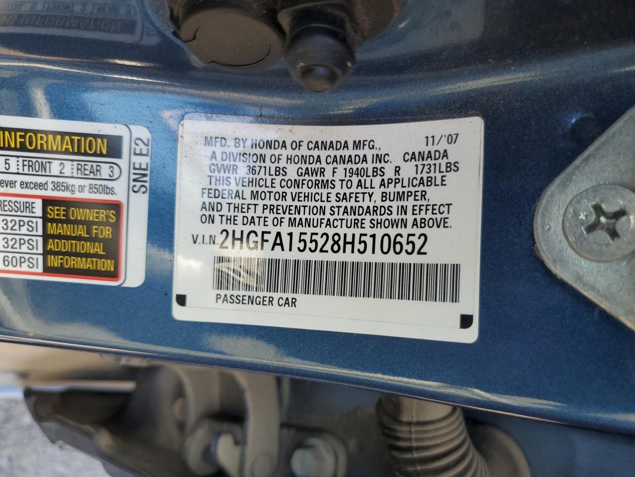 2008 Honda Civic Lx VIN: 2HGFA15528H510652 Lot: 69694515