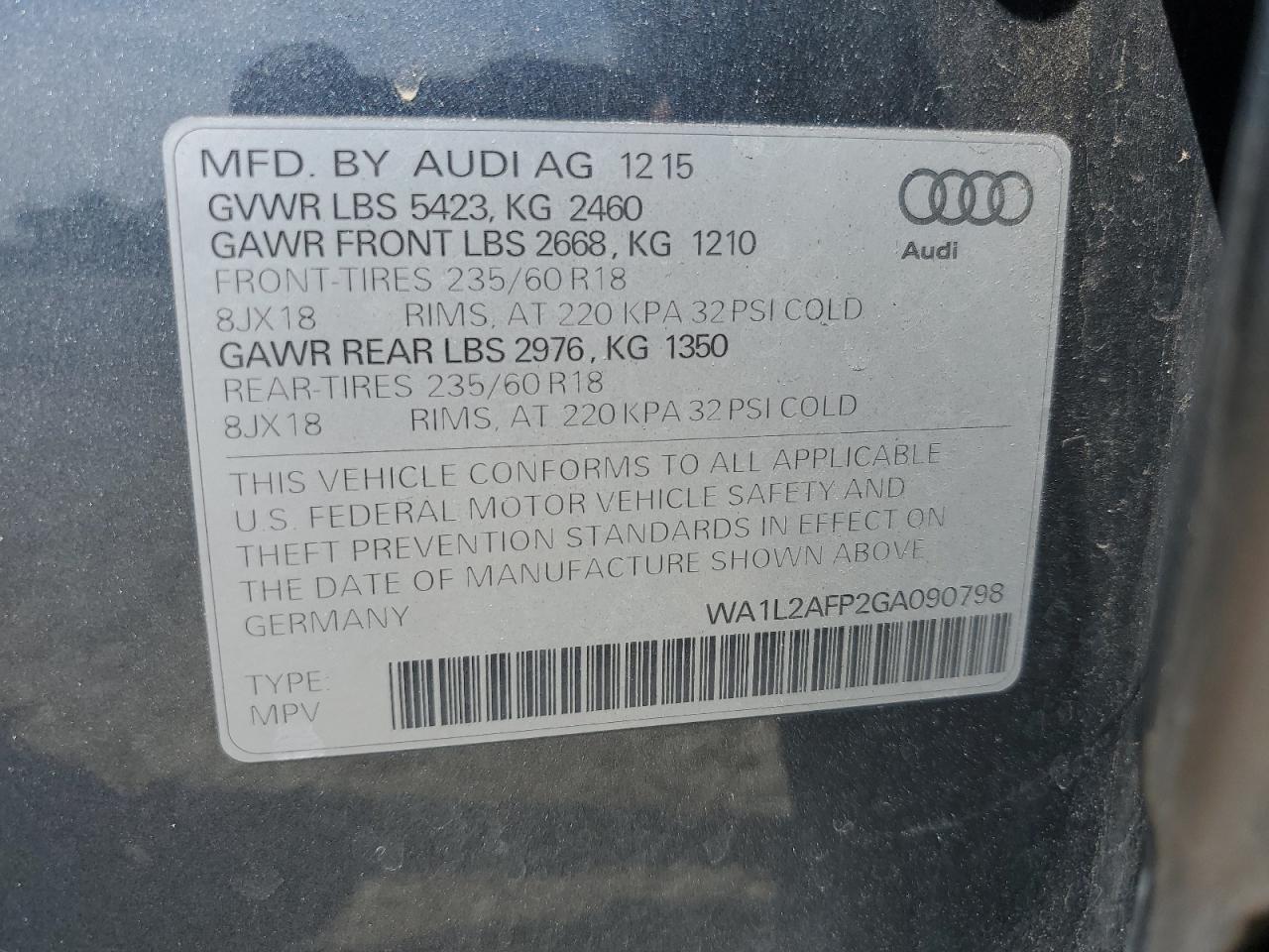 2016 Audi Q5 Premium Plus VIN: WA1L2AFP2GA090798 Lot: 70391805