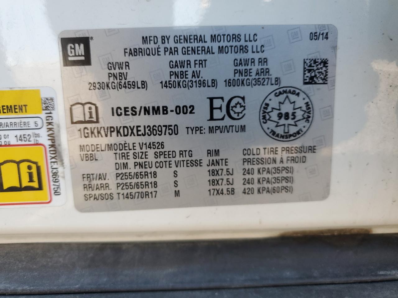 2014 GMC Acadia Sle VIN: 1GKKVPKDXEJ369750 Lot: 70849615