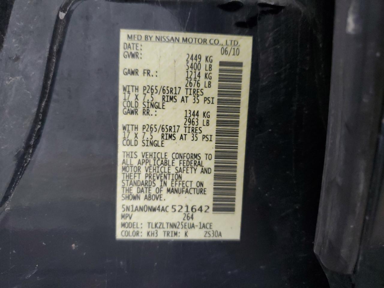 2010 Nissan Xterra Off Road VIN: 5N1AN0NW4AC521642 Lot: 68712675