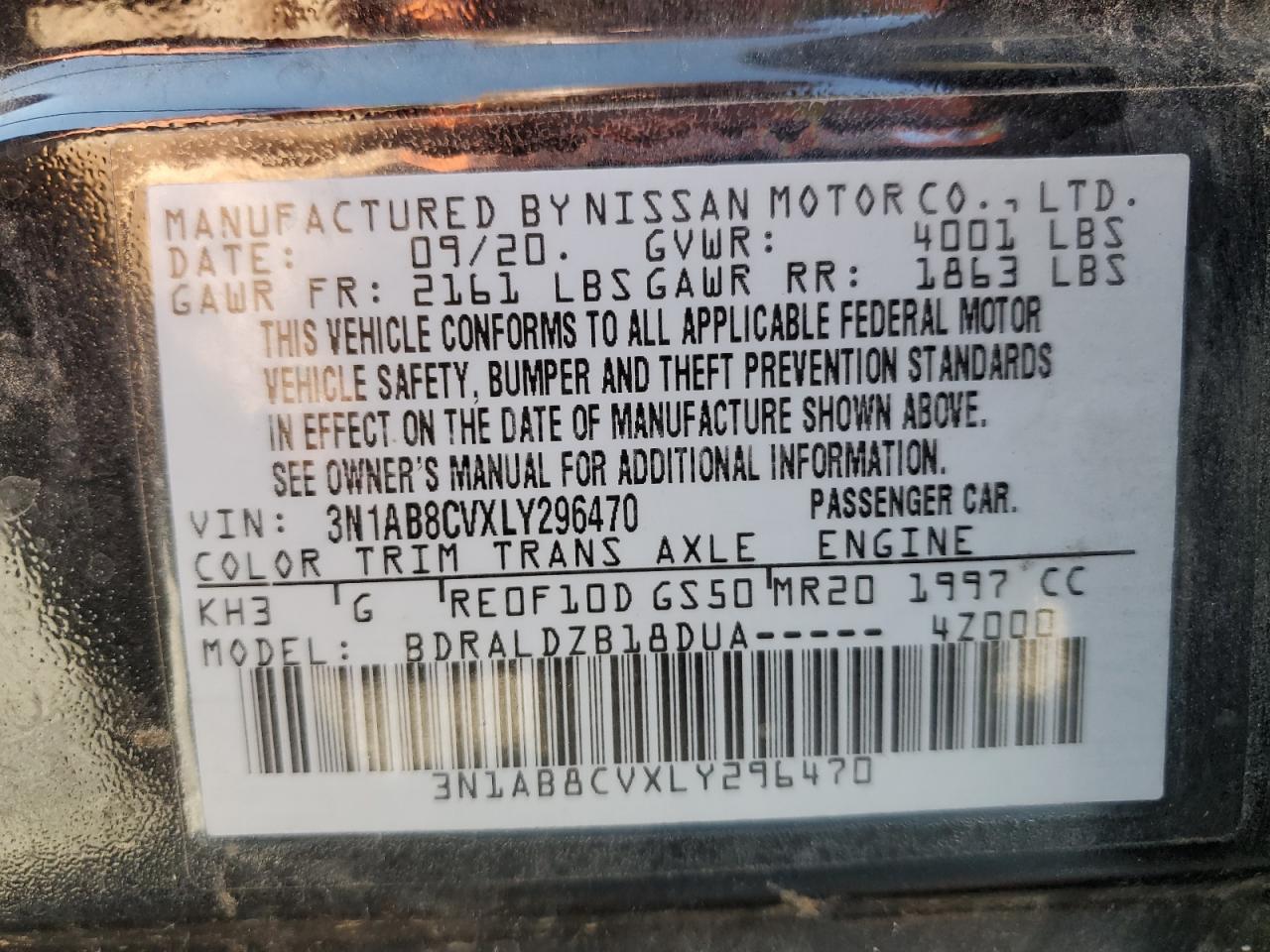 2020 Nissan Sentra Sv VIN: 3N1AB8CVXLY296470 Lot: 70462315